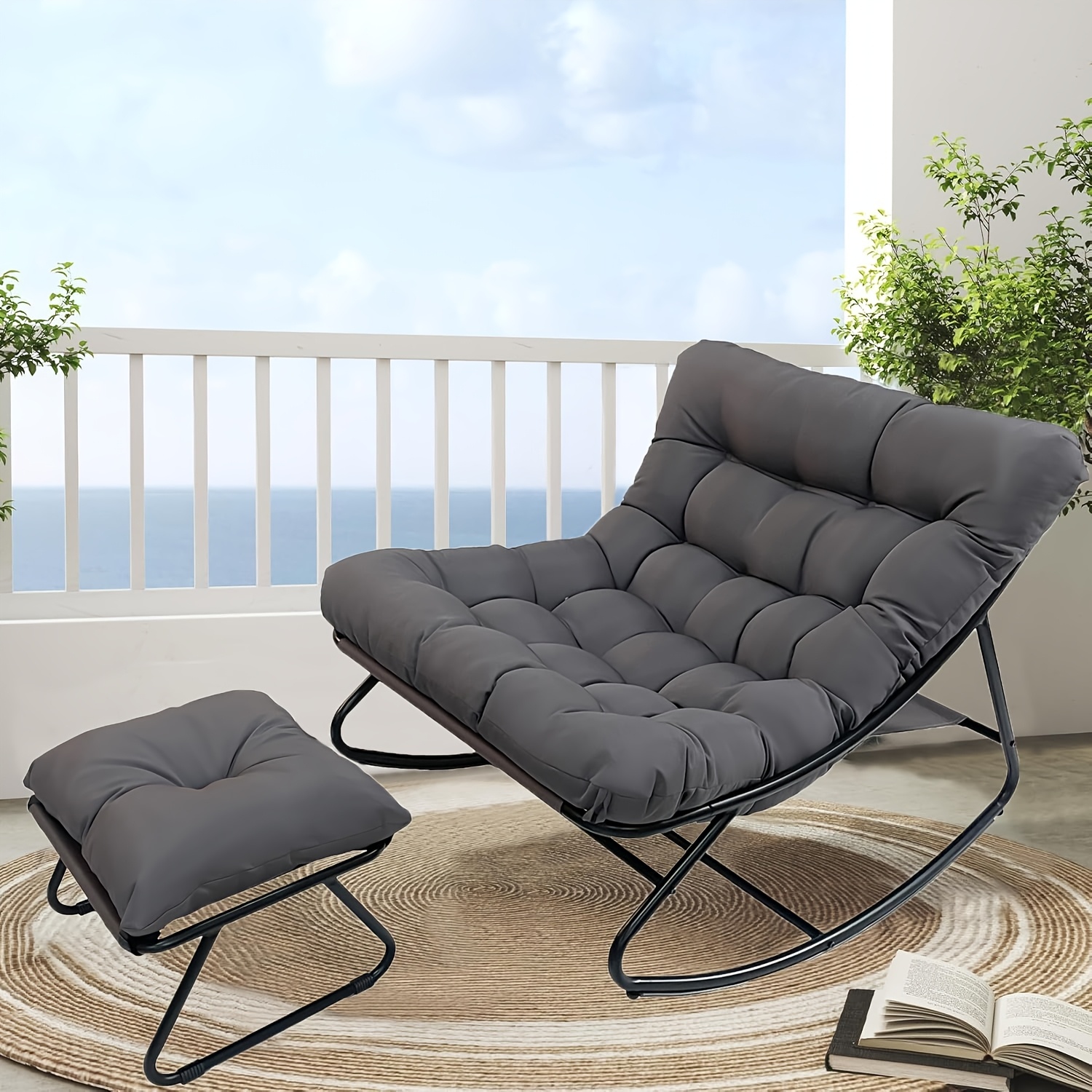 Rocking Chair With Stool - Garden Rocking Chair With Upholstery | Swing Chair Living Room, Comfortable Large Relaxation Chair 150kg Load Capacity For Garden Outdoor Terrace Balcony