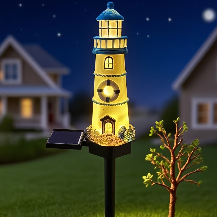 TEMU Solar Red Blue Lighthouse Lamp Lawn Light Resin Craft Led Outdoor Lighting Solar Garden Light Decorative Landscape Light For Courtyard Garden