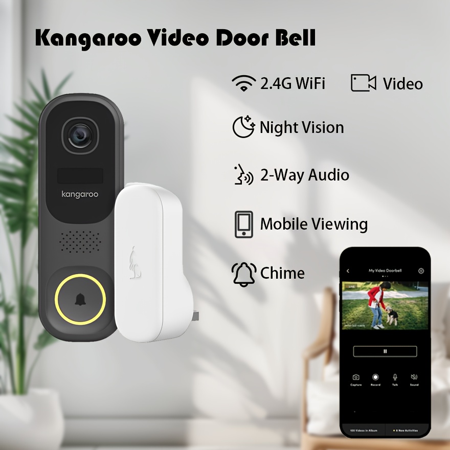 

Kangaroo Wireless Wifi Doorbell Camera With 2-way Audio - Hd Resolution, Night Vision, Voice Changer, Photo & Video Recording,, Rechargeable Lithium Battery, Wall Hanging, Ac Pin Power