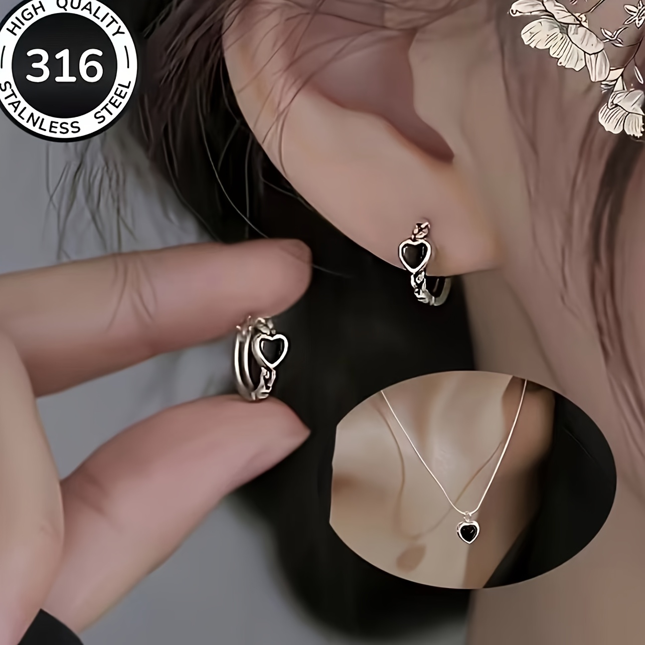 TEMU Ensemble de 3 pièces de haute qualité hypoallergénique en acier inoxydable 316, design de cœur noir argenté, boucles d'oreilles et pendentif,