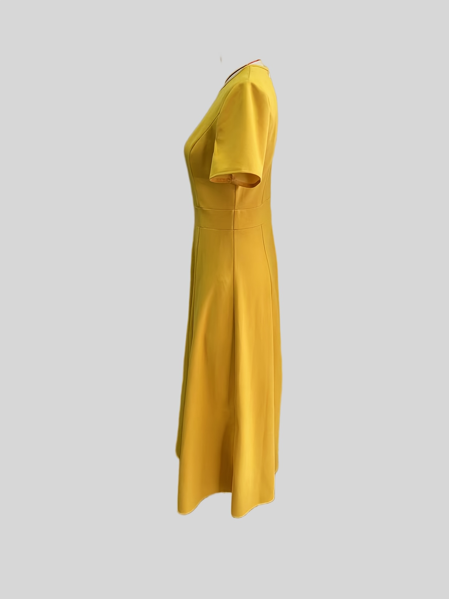 Elegant Mustard Yellow A-Line Midi Dress with Short Sleeves Polyester,  V-Neck, Woven Adult Women, Versatile Casual Attire|V
