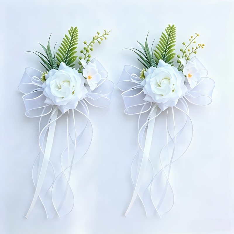 TEMU 2 Poignées de porte de voiture de mariage avec fleurs artificielles, artificiel pour rétroviseur de voiture avec décorations de ruban nœud de