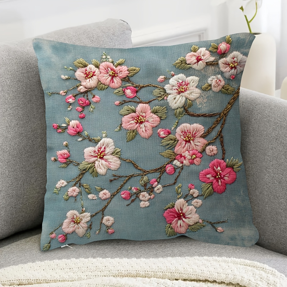 

1pc Vintage Japanese Cherry Embroidered Pillow Cover, 18x18 Inch, Short Plush Polyester, Hand Wash Only, Decorative For Sofa, Bedroom, Party Decor - Dcbj0140