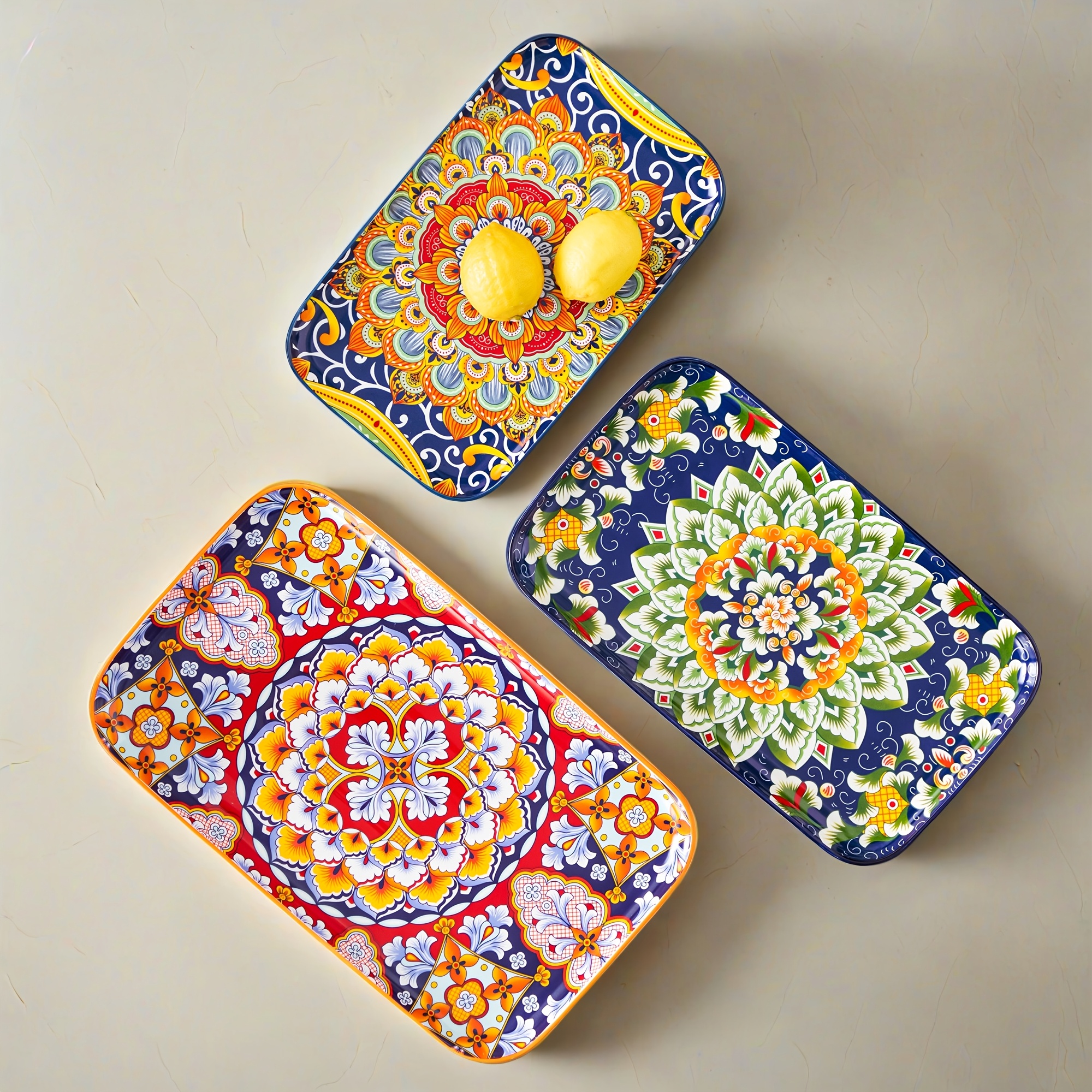 16"/14"/12" Inch Bohemian Rectangular Trays - Serving Platter Extra Large, Set Of 3