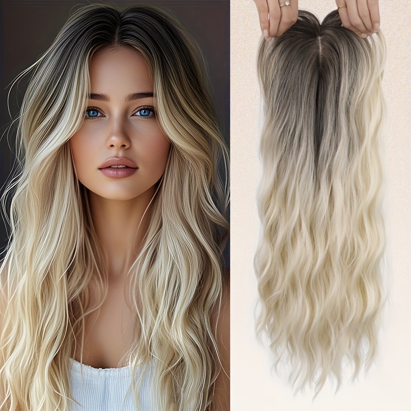 Elegant Blonde Ombre Hair Topper For Women – Long Wavy Clip-in Hairpiece With Side Bangs Heat-resistant Synthetic Fibers For Volume Covers Thinning Hair, Perfect For Weddings, Parties & Daily Wear