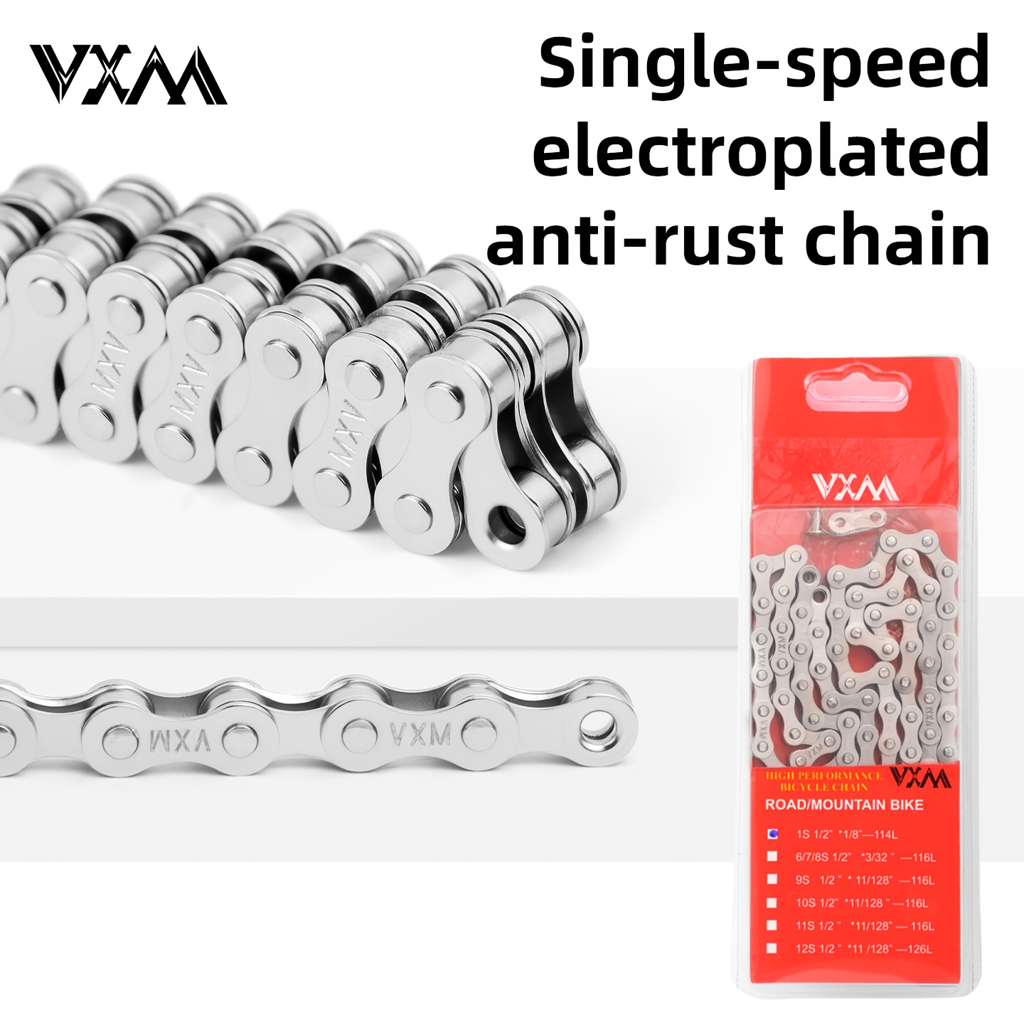 TEMU VXM Chaîne de vélo monocoureur haute résistance 114 maillons Bmx/City/Fixed Gear Vélo pliable Chaîne de 1 vitesse Chaîne durable avec boucle