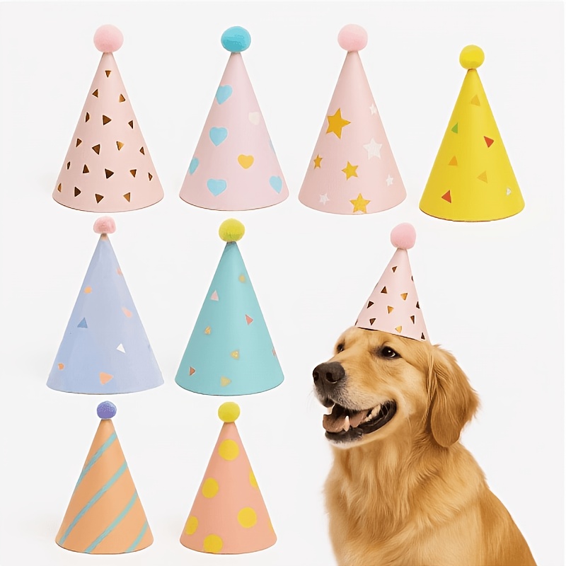 TEMU 8pcs Plush Animal Birthday Hat Party Hat, Colorful Cone Celebration Headwear With Pom Pom, Cute Dog Party Hat, Birthday Party Supplies &
