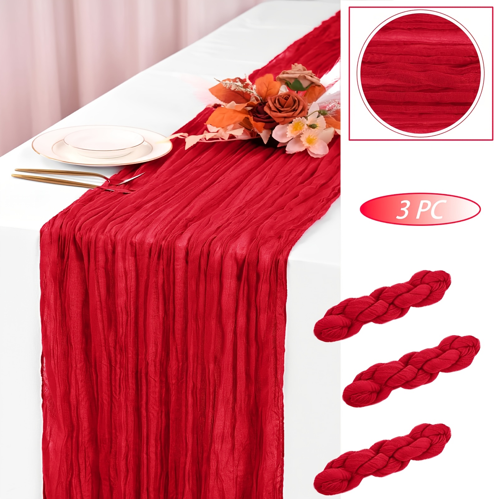 TEMU 3pcs Red Cheesecloth Table Runners, Spring Bohemian Rustic Sheer Tulle Cheesecloth Table Runners, Suitable For Weddings, Baby Showers, Birthday
