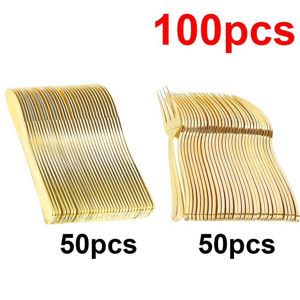 Image of 40/100pcs Plastic Dinnerware Set For Wedding, Premium Golden Easy Cutlery, Ideal For Birthday Parties, Weddings, Graduations, Mother's Day Family Gatherings And More