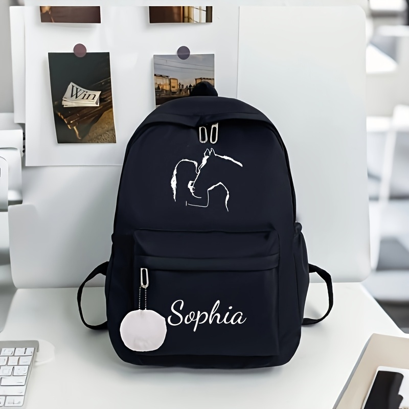 TEMU ' Personalized Horse Print & Name/initials Backpack - School Bookbag With Equestrian Design, Large Capacity Multi-compartment Lightweight Nylon