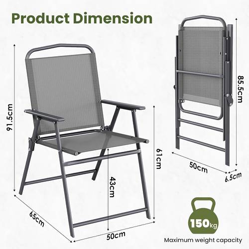 foldable garden chair patio chair outdoor chair size 91 5 x 50 cm weight 3 75 kg per chair portable and easy to store with backrest and armrests metal frame fabric 150 kg for camp beach poolside restaurant