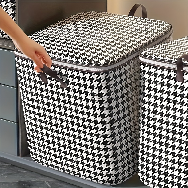 

Large Capacity Houndstooth Pattern Storage Bag, Zipper Clothes, Quilts Organizer With Handle, Space Saving Dustproof Bag