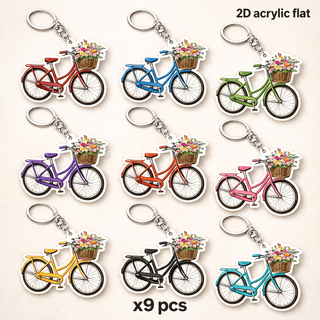 TEMU 2D Plat, 2D Plat - [2D PLAT] 9 Schattige Kleurrijke Vintage Fiets met Bloemenmand Acryl Platte Sleutelhanger Sleutelring Tasbedel, Plat 2D