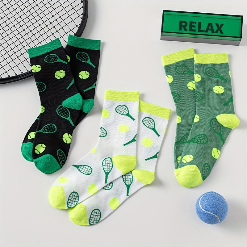 Image of 3-pair New Style Unisex Fashionable Trendy Comfortable Breathable Tennis Pattern Mid-calf Socks, Suitable For Daily Casual Wear And Long Socks