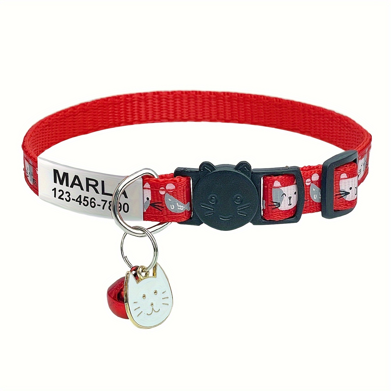 TEMU Personalized Cartoon Cat Collar With Safety , Bell & Charm - Engraved Id Tag For Small Dogs With Name, Phone & Address, Choking, Exquisite