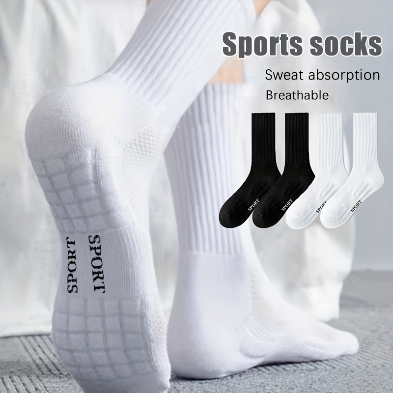 

5 Pairs Of Men's Long Professional Sports Socks With Shock-absorbing Towel Soles For Fitness, Sweat Absorption, Breathability, Black And White Color, Anti Slip High Socks For Spring And Summer
