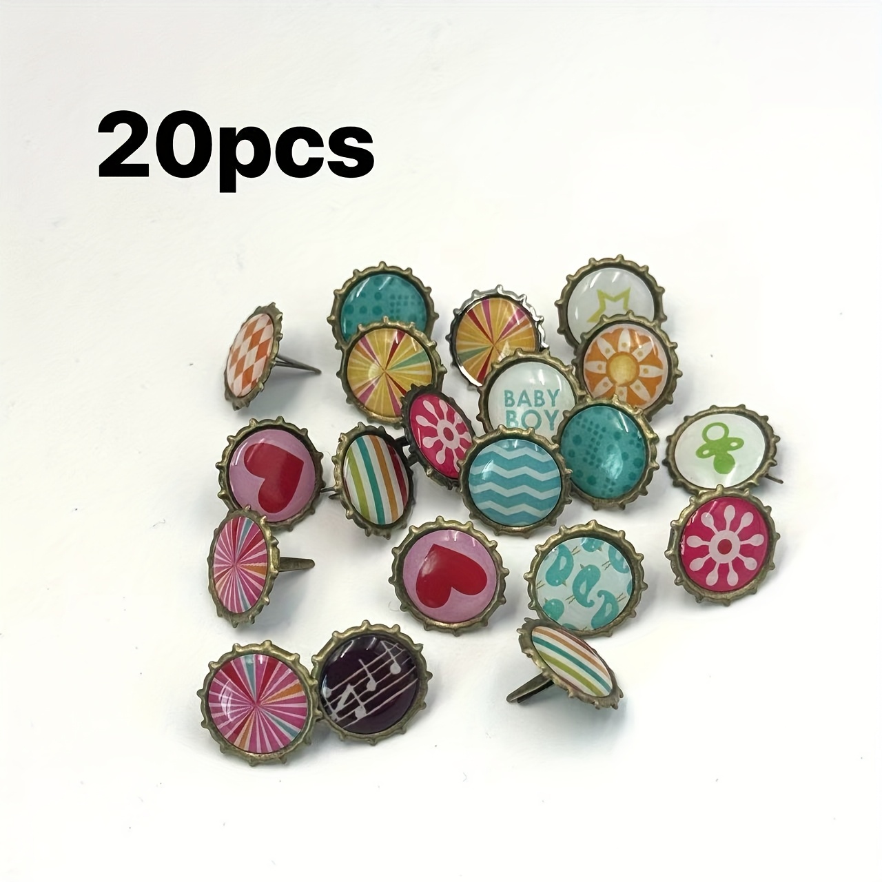 Image of 20/40pcs Set Of Metal Brad Fasteners - Vivid Round Brads With Floral, Animal, And Text Designs, Ideal For Scrapbooking And Crafts, Durable Metal Fasteners, Scrapbooking Supplies