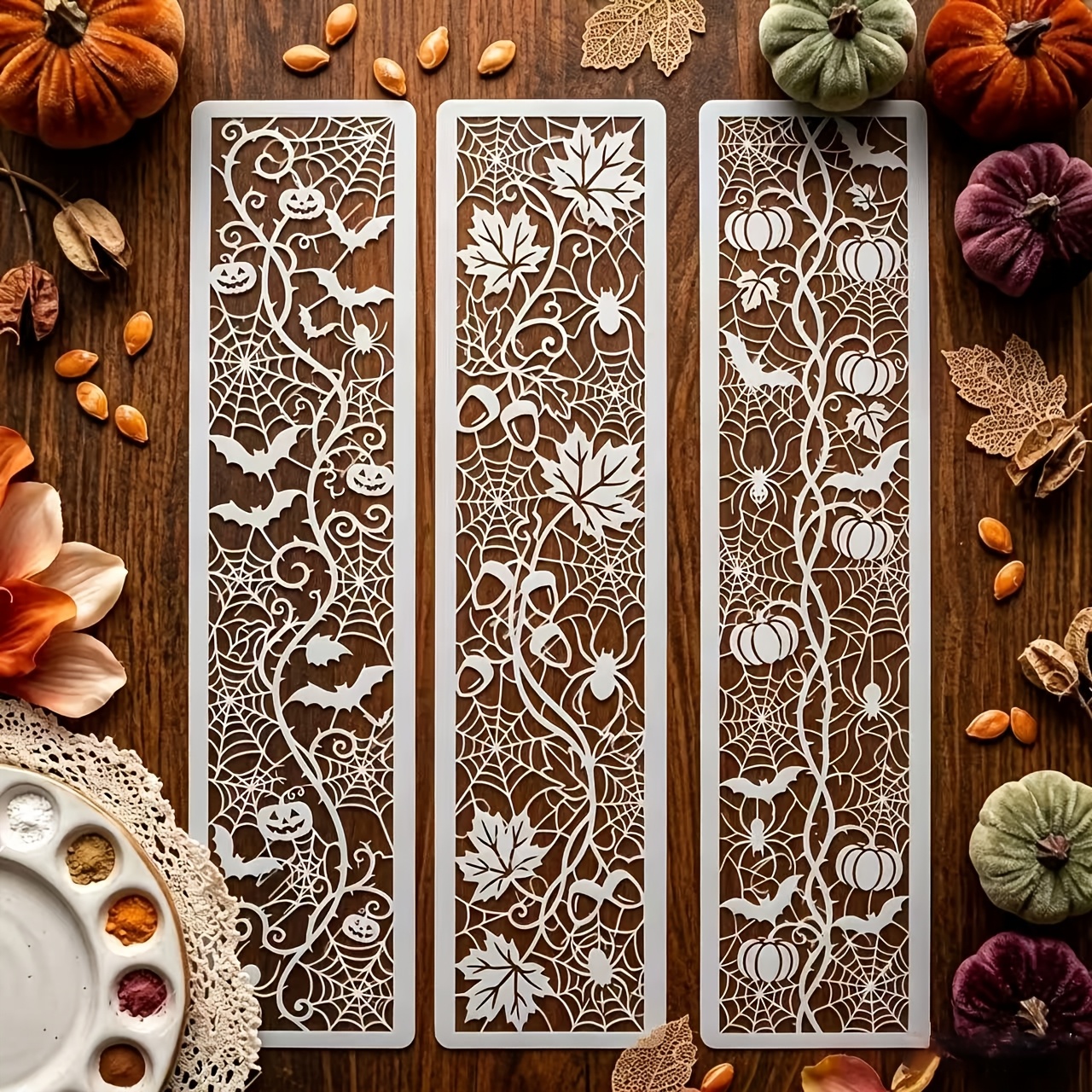 TEMU Lot de 3 grands pochoirs de bordure Halloween avec citrouille, chauve-souris et toile d'araignée, modèles de peinture en dentelle réutilisables,