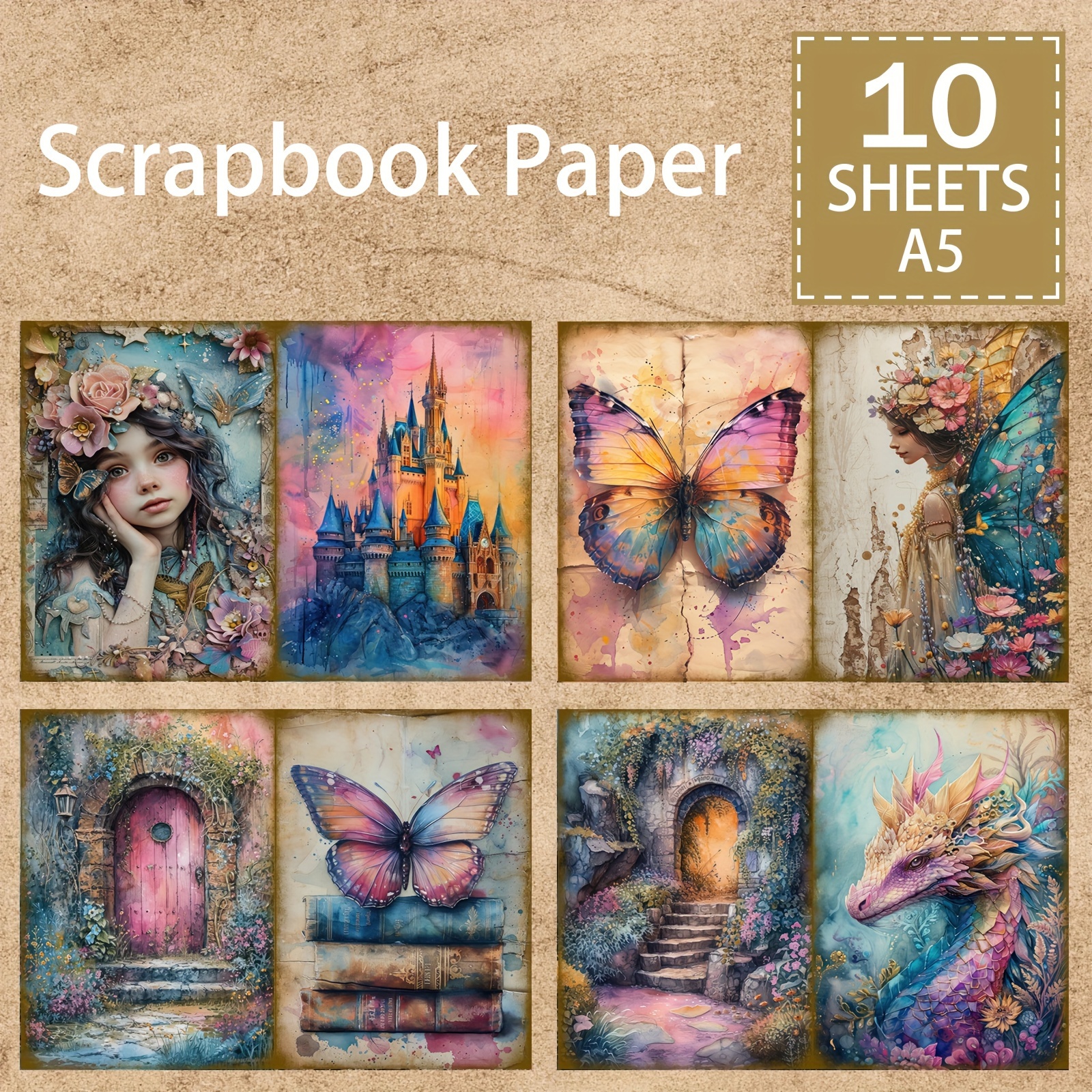

Fantasy Scrapbook Paper Pack - 10 Sheets A5, Castle And Butterfly Designs, Vintage Diary Backgrounds, Creative Diy Cardstock For Planners, Greeting Cards And Art Projects