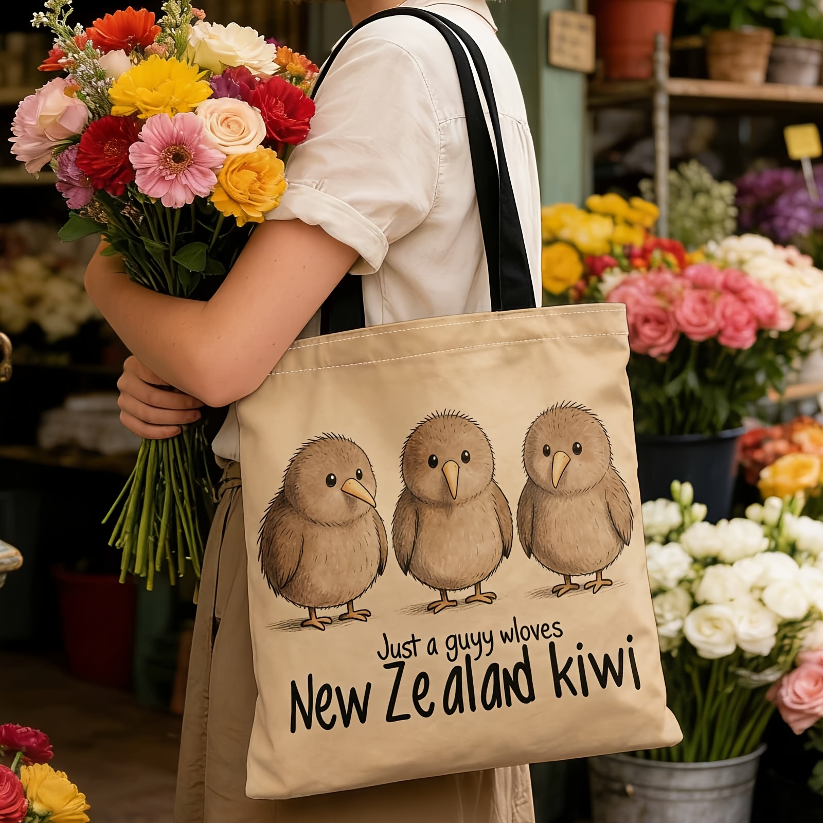 TEMU 1pc Women's Kiwi Bird Tote Bag - New Zealand Themed Reusable Shopping Bag With Kiwi Bird Print, Suitable For Commuting, Travel, Beach, Gift For