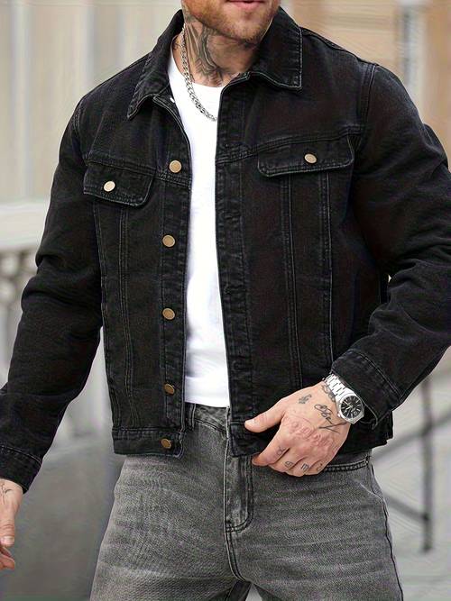 special discount black weathered denim jacket for men fit cool and stylish trendy coat spring to winter style casual and versatile single button classic collar metal copper fastener