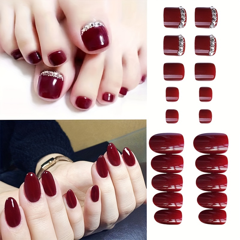 Image of 48pcs Press-on Nails, Burgundy Fake Nails With 3d Rhinestones And For Women And, For Holiday And Birthday Parties