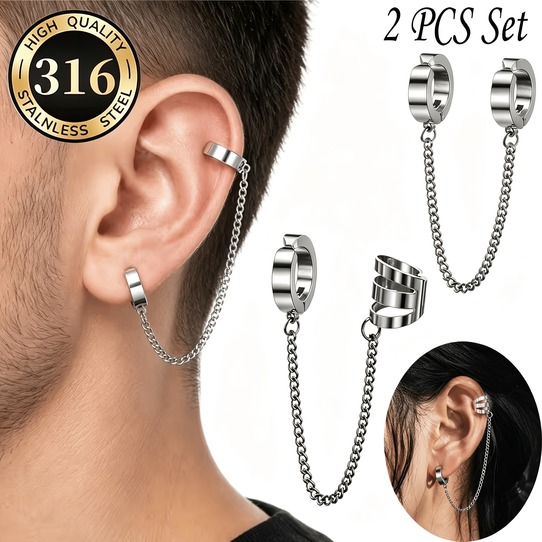 2pcs Punk Style Chain Ear Bone Clips