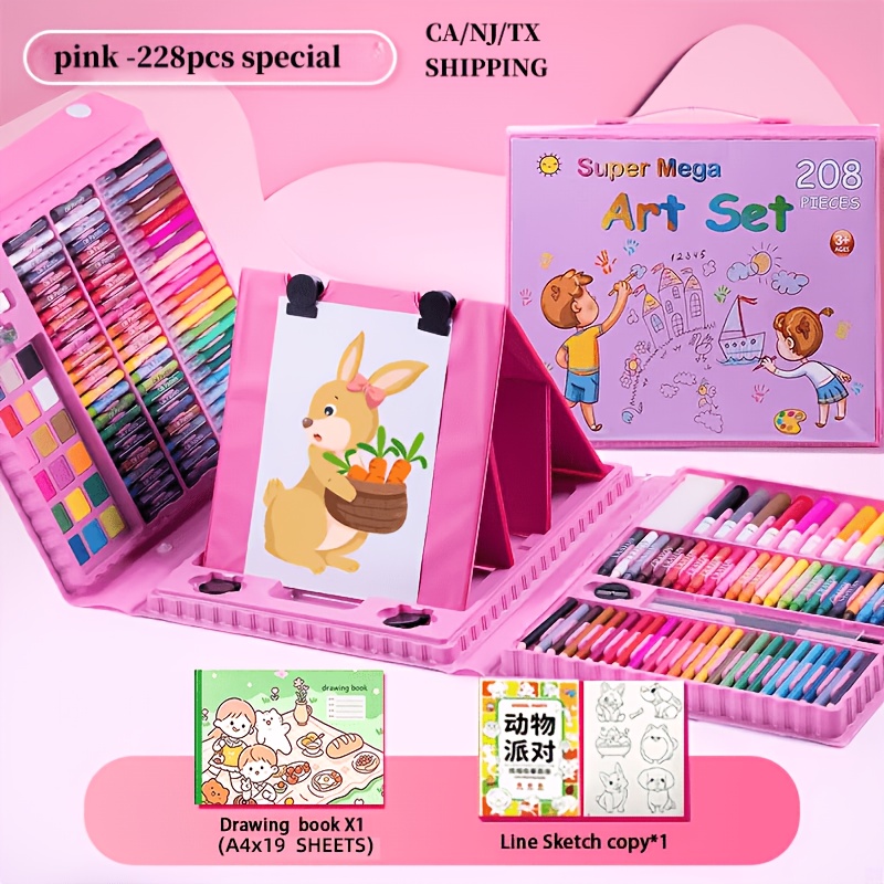 228 Pieces Of Art Supplies, Children's Painting Art Set; Art Kit Includes Oil Pastels, Crayons, Colored, Acrylic Markers, Watercolor Brushes; Artist Gift with Drawing Pad, Pink Children's Painting Tools; Children's Art Tools; Children's Coloring