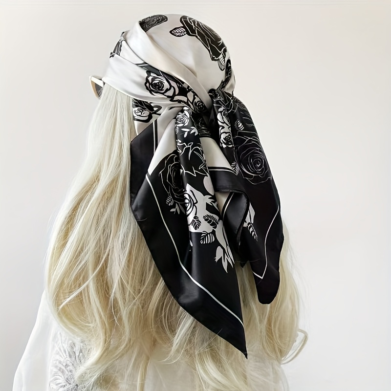 TEMU Fashion Floral Pattern Scarf, 90x90cm, Versatile Use, Lightweight And Breathable, Suitable For , Elegant Style