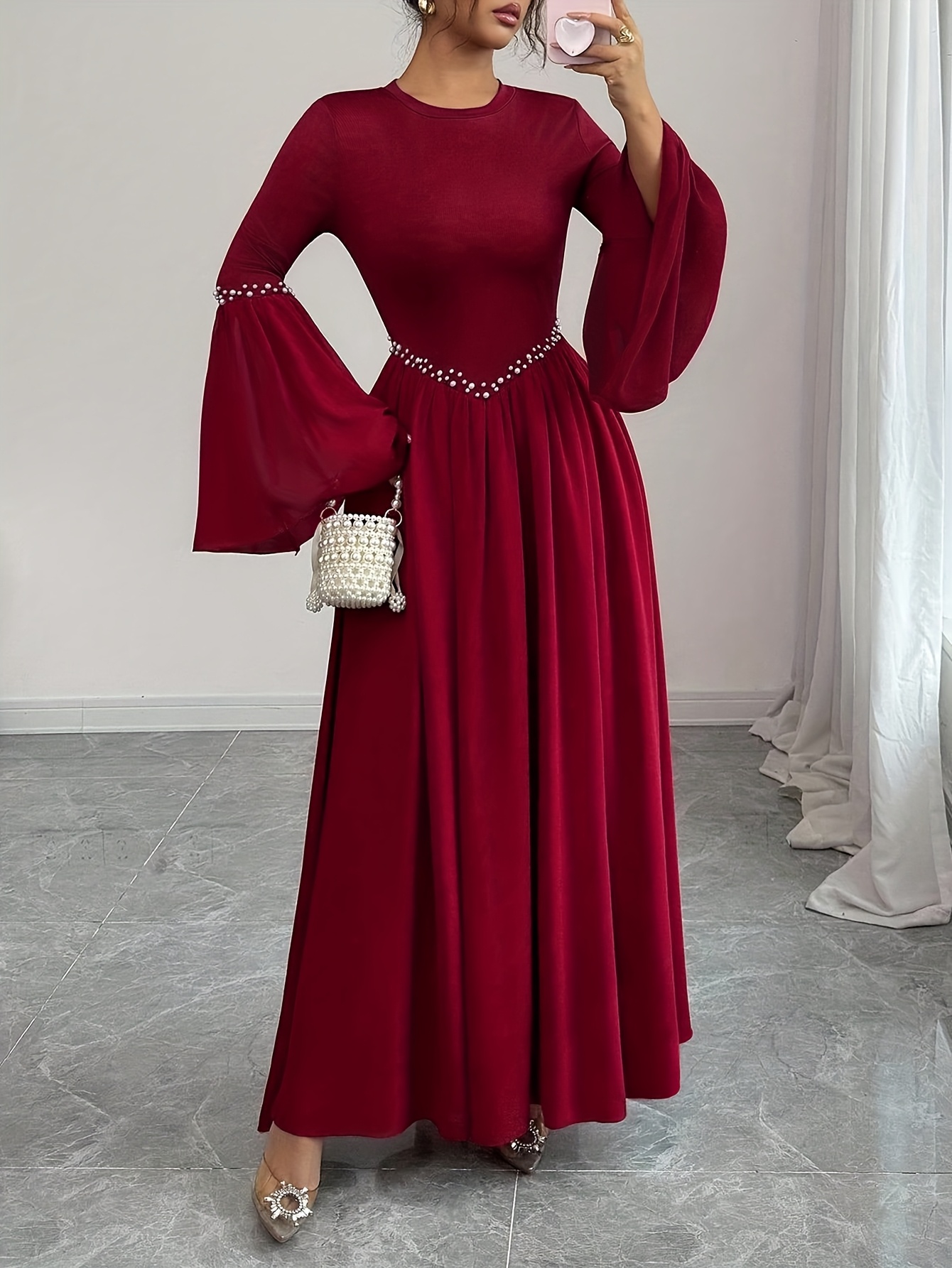 green emerald velvet dress A Line Round Neck Long Sleeves White Lace Long Prom Dresses, White Lace  Formal Graduation Dresses main image 0