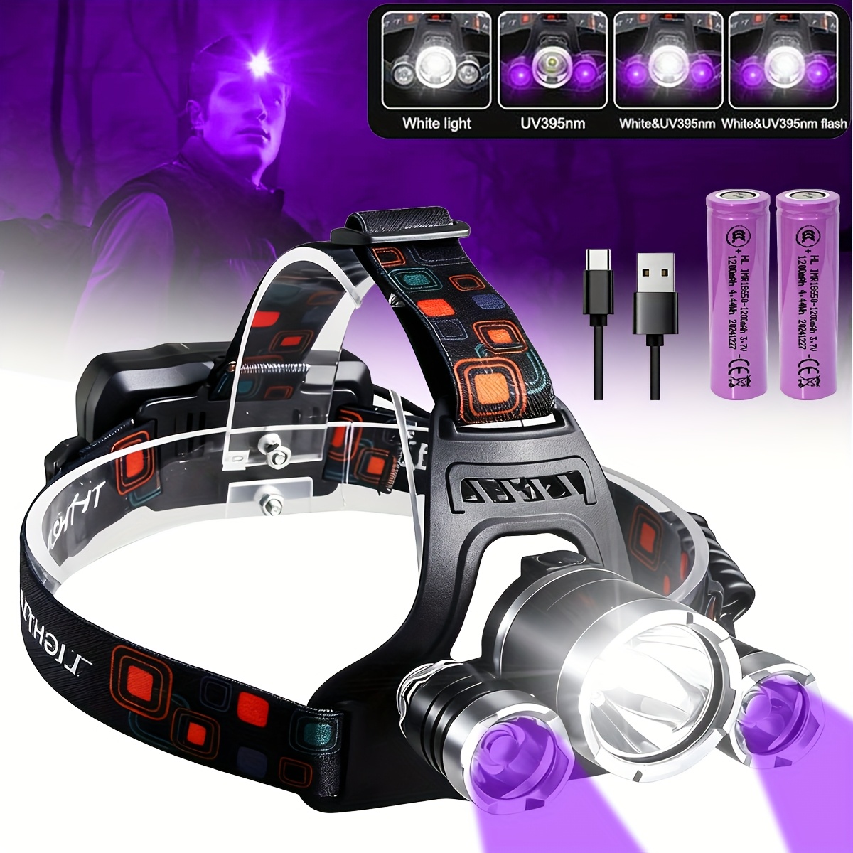 White Uv Headlamp Rechargeable, Headlamp With Uv Light Led Blacklight Headlight 395nm Ultraviolet Head Torch Included 2x18650 Battery For Night Fishing, Hunting, And Hvac Leaks (uv+white Light)