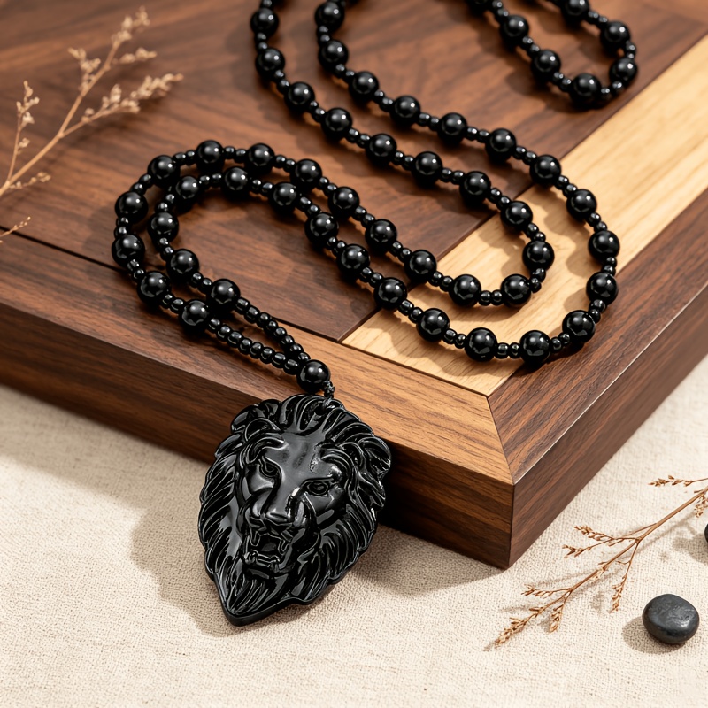 TEMU Vintage Carved Pendant Necklace, Black Handmade Beaded Long Necklace, Lion Guardian Fashion Accessory For Men And Women