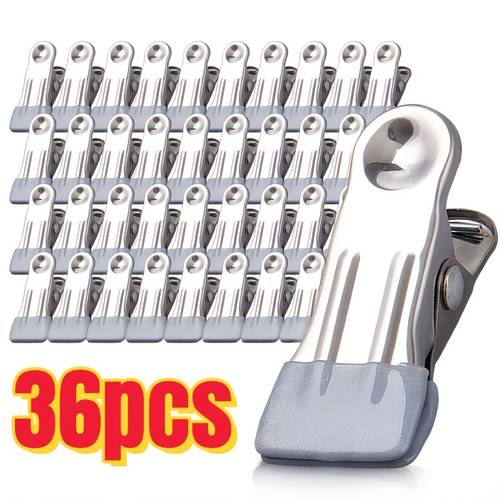 gray 36pcs set high quality stainless steel clips multi functional sealing and fixing clips food bag sealing clips traceless drying clips windproof clips office paper clips durable and strong very suitable for snack bag sealing