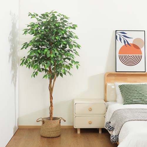 tall artificial tree greenery potted plant with natural wood trunk and lifelike leaves elegant indoor outdoor living room home decor