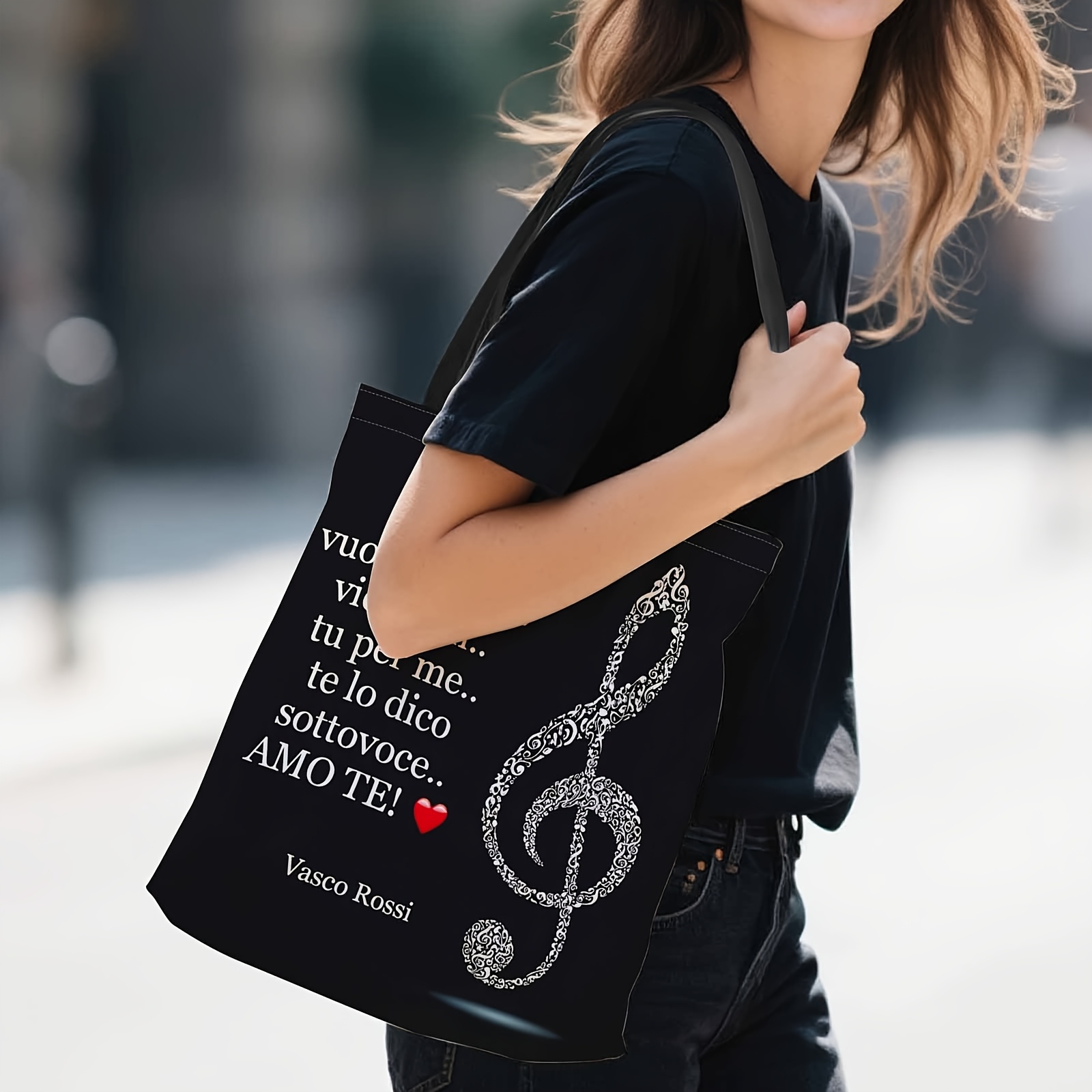 TEMU 1pc, Rossi Music Lyrics Printed Tote Bag - Lightweight Foldable Shopping Bag With Built-in Lyrics Storage Bag For Picnics And Beach Scenes.