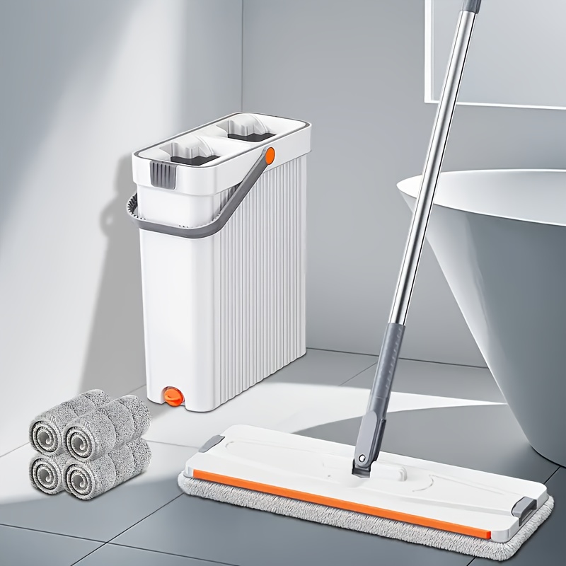E-shop Mopp und Eimer Set - mit 4 waschbaren Mikrofaser-Pads, Bodenwischer Set Mopp, für alle Bodentypen und Fenster, Nass- und Trockenanwendung,