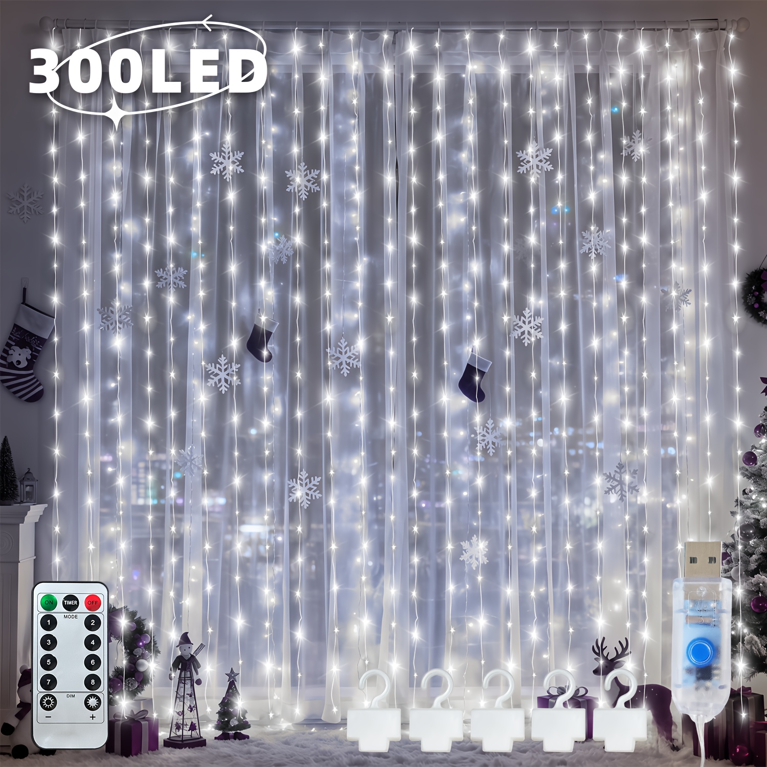 item picture 1 pack led fairy curtain lights with 300 led 8 lighting   usb powered remote control hooks christmas decorations suitable for indoor home bedroom wedding party christmas decorations with timing