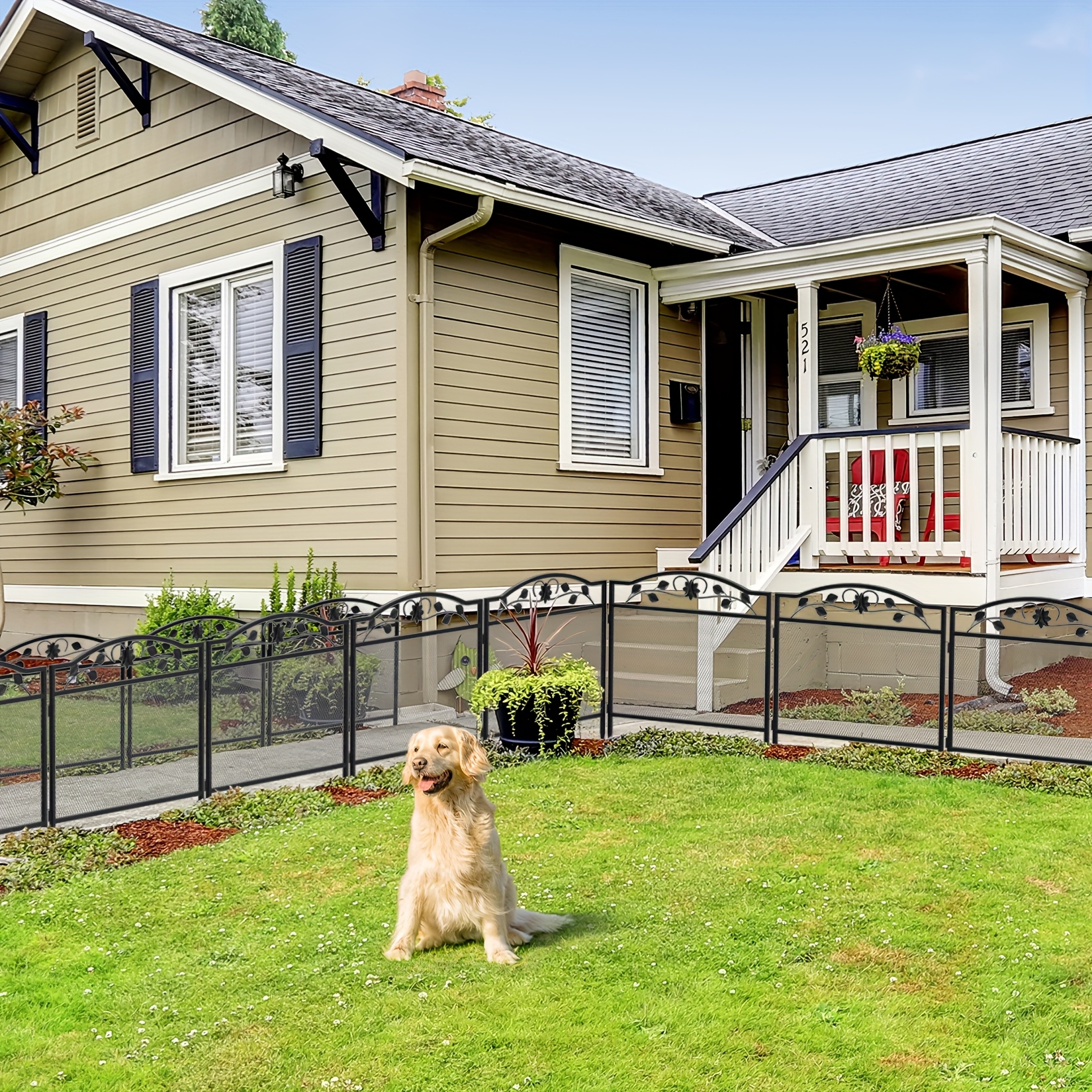 【2d Flat】 [2d Flat] 5 Panels Garden Fence Outdoor For The Yard Each Panel 80cm (h) X80cm (l) Heavy Duty Metal Animal Barrier For Dog, No Dig Decorative Dog Fence, Black