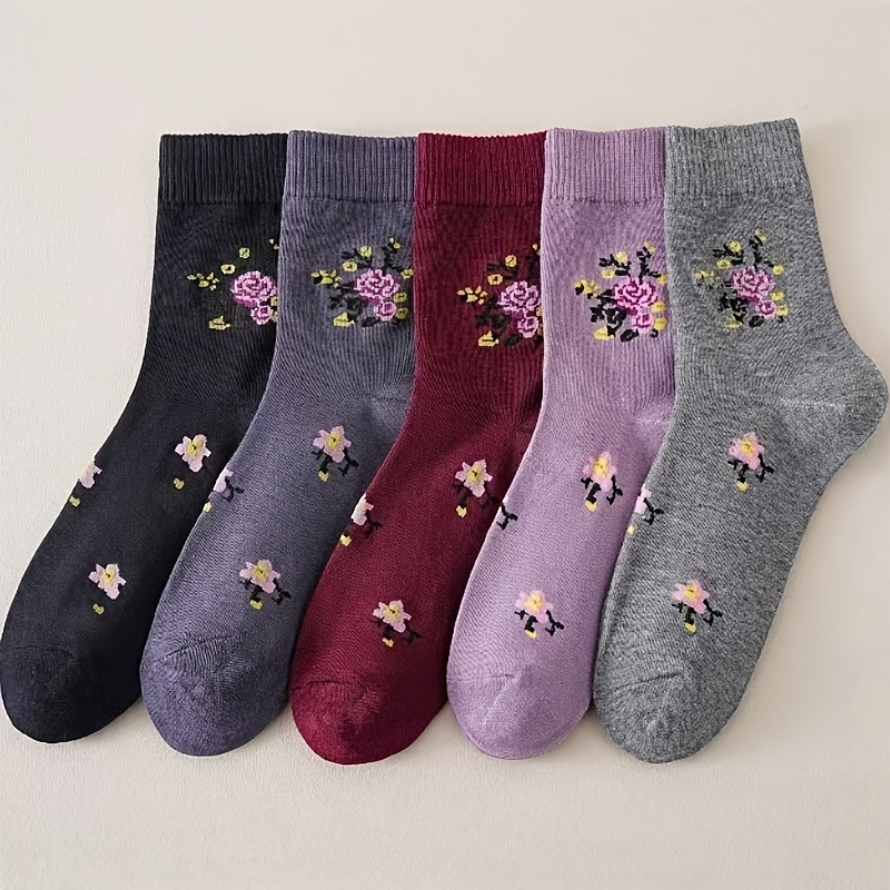 TEMU 5 Paires de Chaussettes pour Femmes, Motif Floral Toutes Saisons, Chaussettes Confortables pour , et l'Hiver, Adaptées à un Usage et à