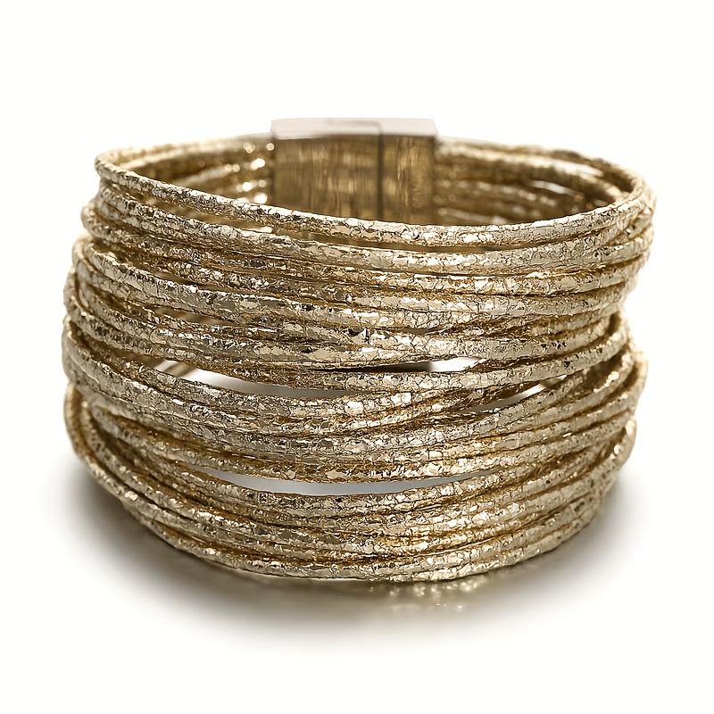 TEMU Bracelet multi-couches style bohème large à rayures fines, manchette en similicuir brillant métallique, avec fermoir magnétique, bijou unisexe,