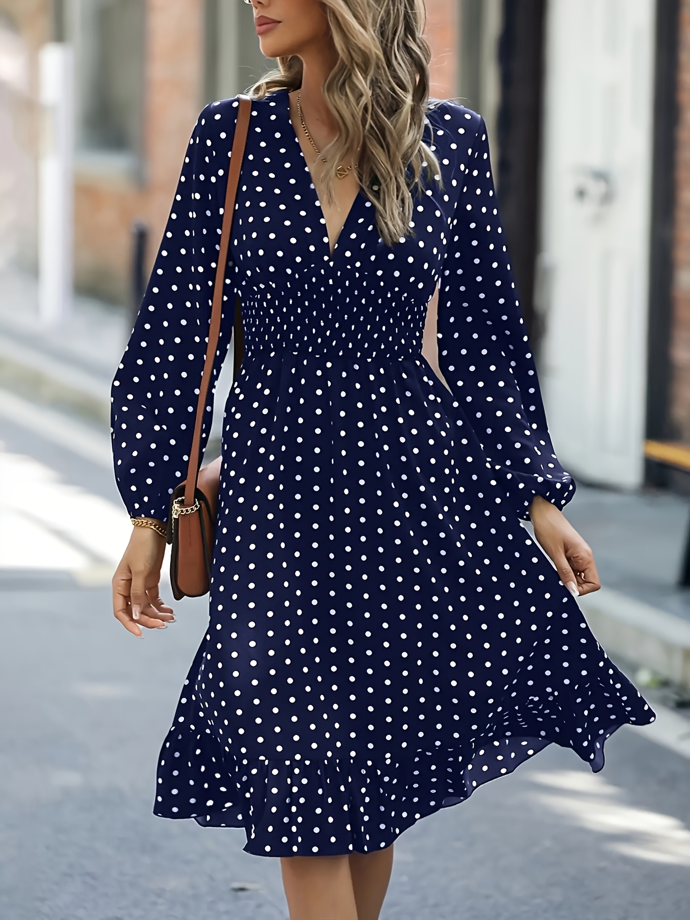 elegant polka dot v neck long sleeve dress a fitted waist a - Temu United  Kingdom