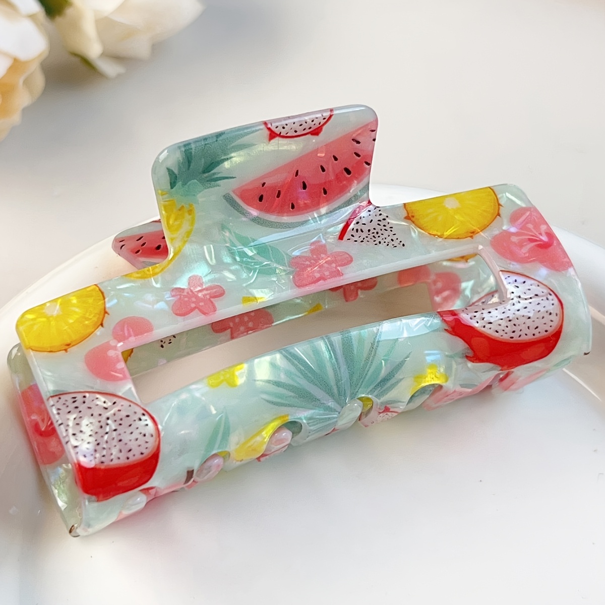 E-shop Sommer-Früchte-Haarklammer, große rechteckige mit Wassermelonen-, Ananas- Drachenfrucht-Druck, süße Haar-Accessoires im Urlaubsstil für Damen,