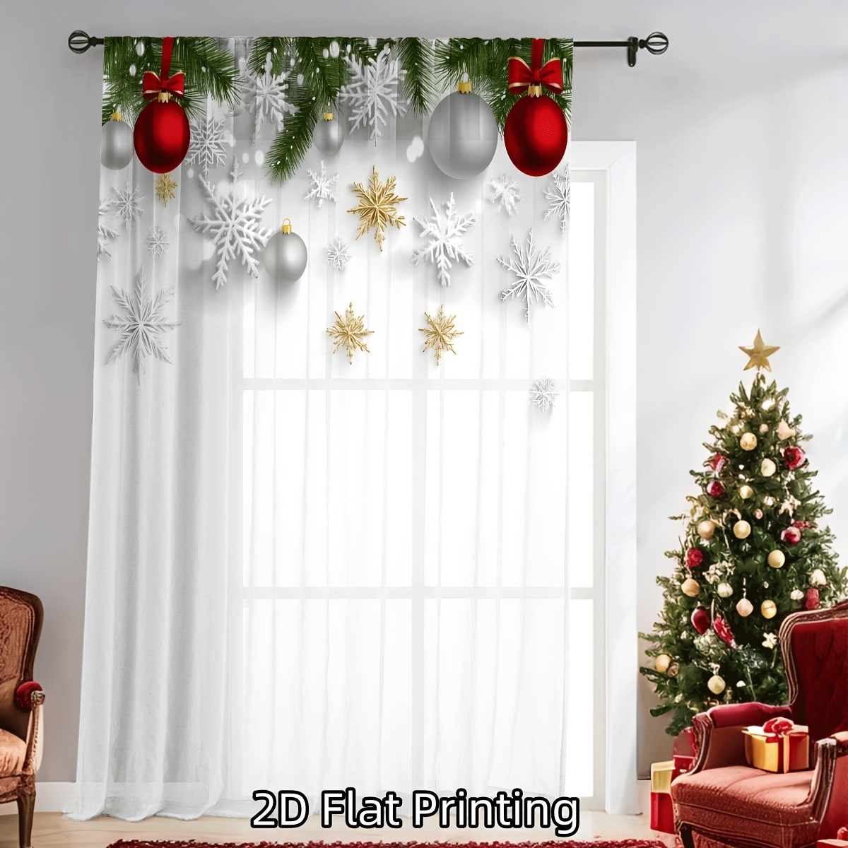 TEMU 2d Flat, 1pc 2d Flat Christmas Sheer Curtain, Featuring A Of Christmas Elements Such As Christmas Snowflakes And Christmas Ornaments - Made Of