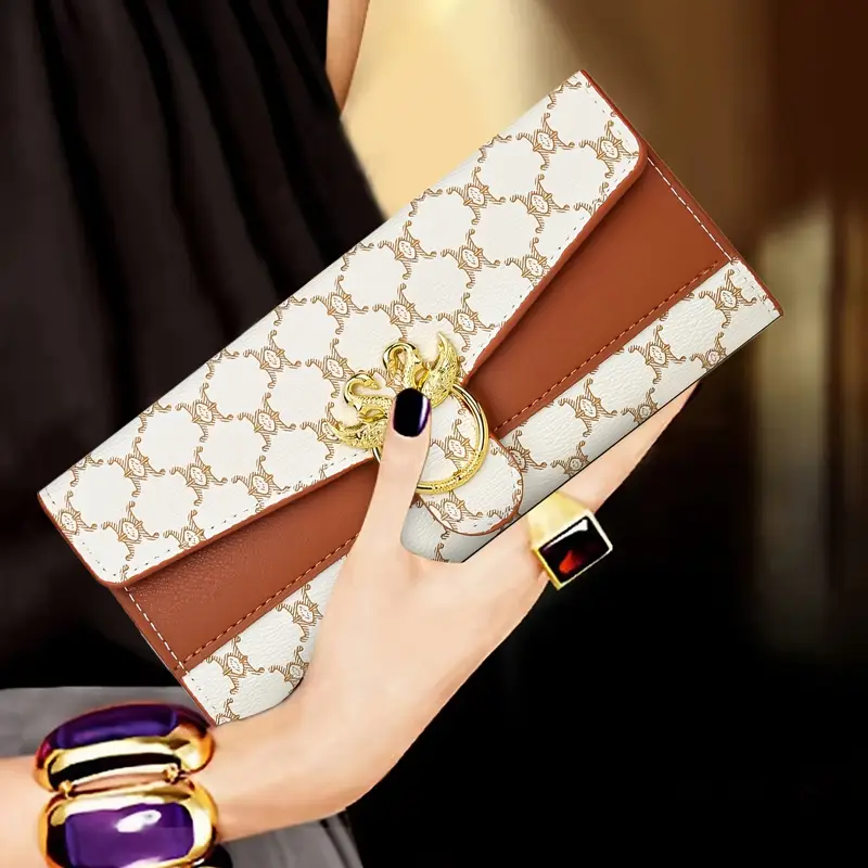 1pc elegant womens clutch wallet geometric pattern leather closure multi compartment edge painted leather lining occasion ready details 1