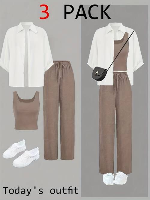 3pcs womens casual button up top vest crop top and wide leg pants set suitable for autumn womens autumn clothing womens workwear womens summer clothing womens teacher tops womens airport outfits womens summer clothing womens business