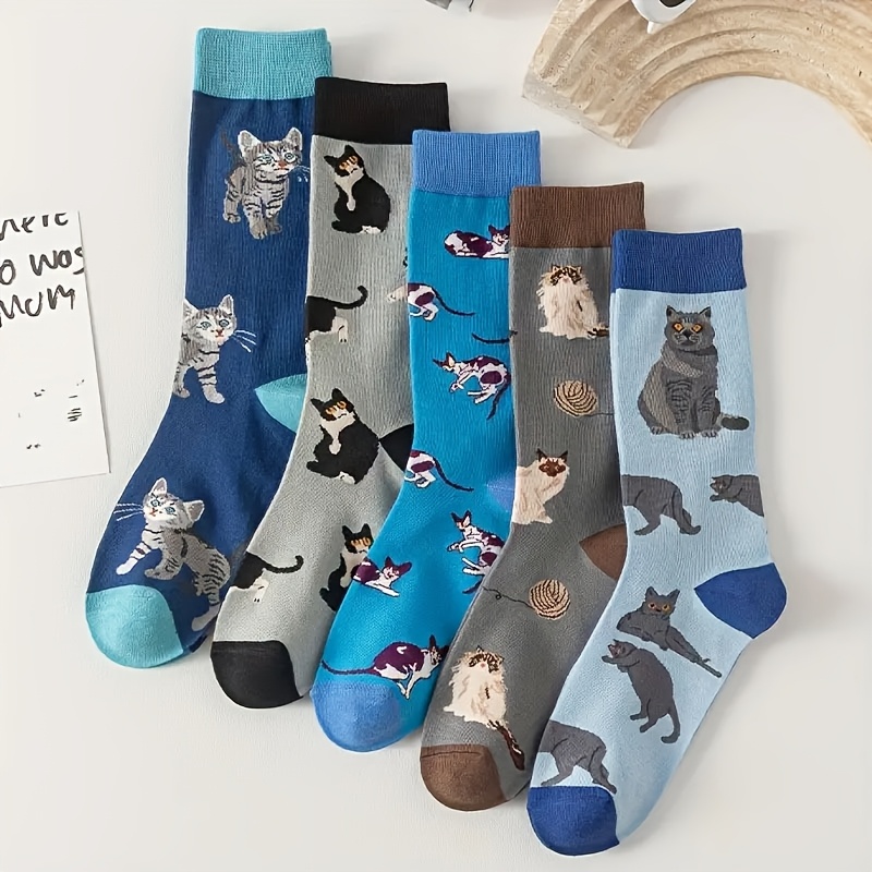 

5-pack Men's Mid-calf Socks - Comfortable Multi-, Cat Pattern, Knit Fabric, Polyester, Hand Wash/