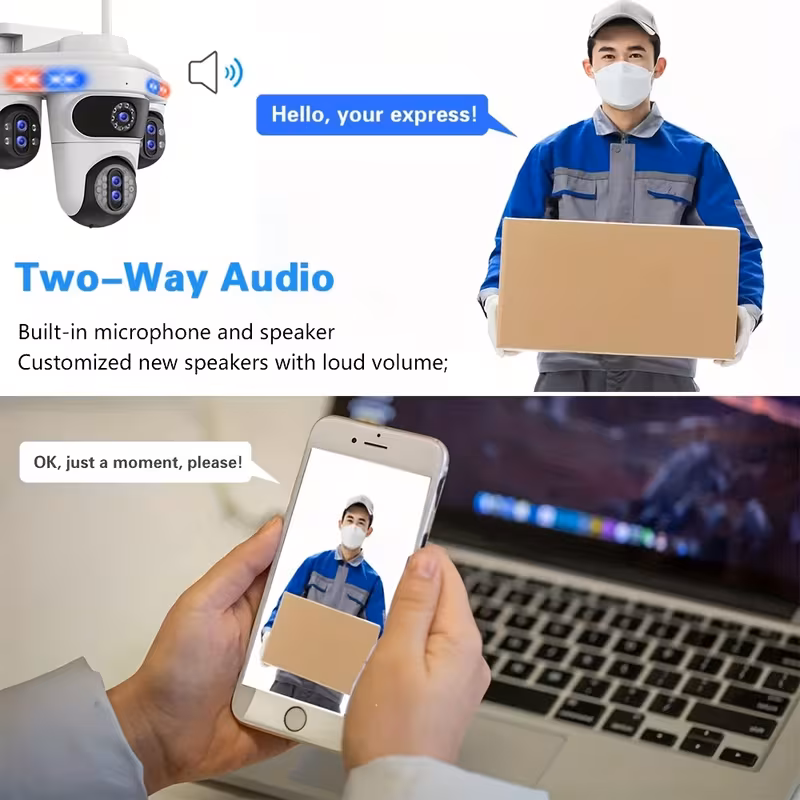 caméra de sécurité extérieure intelligente wifi 7 objectifs 4 écrans avec zoom 10x ptz, détection ai, alertes de lumière rouge/bleue, surveillance 24/7, vision couleur h.265+ full, automatique, carte sd et stockage cloud, application multi- , 110v/220v, audio bidirectionnel, montage au plafond, résolution 5mp, prise européenne, caméras de sécurité , surveillance, sécurité moderne, enregistrement haute résolution Détails du produit 3