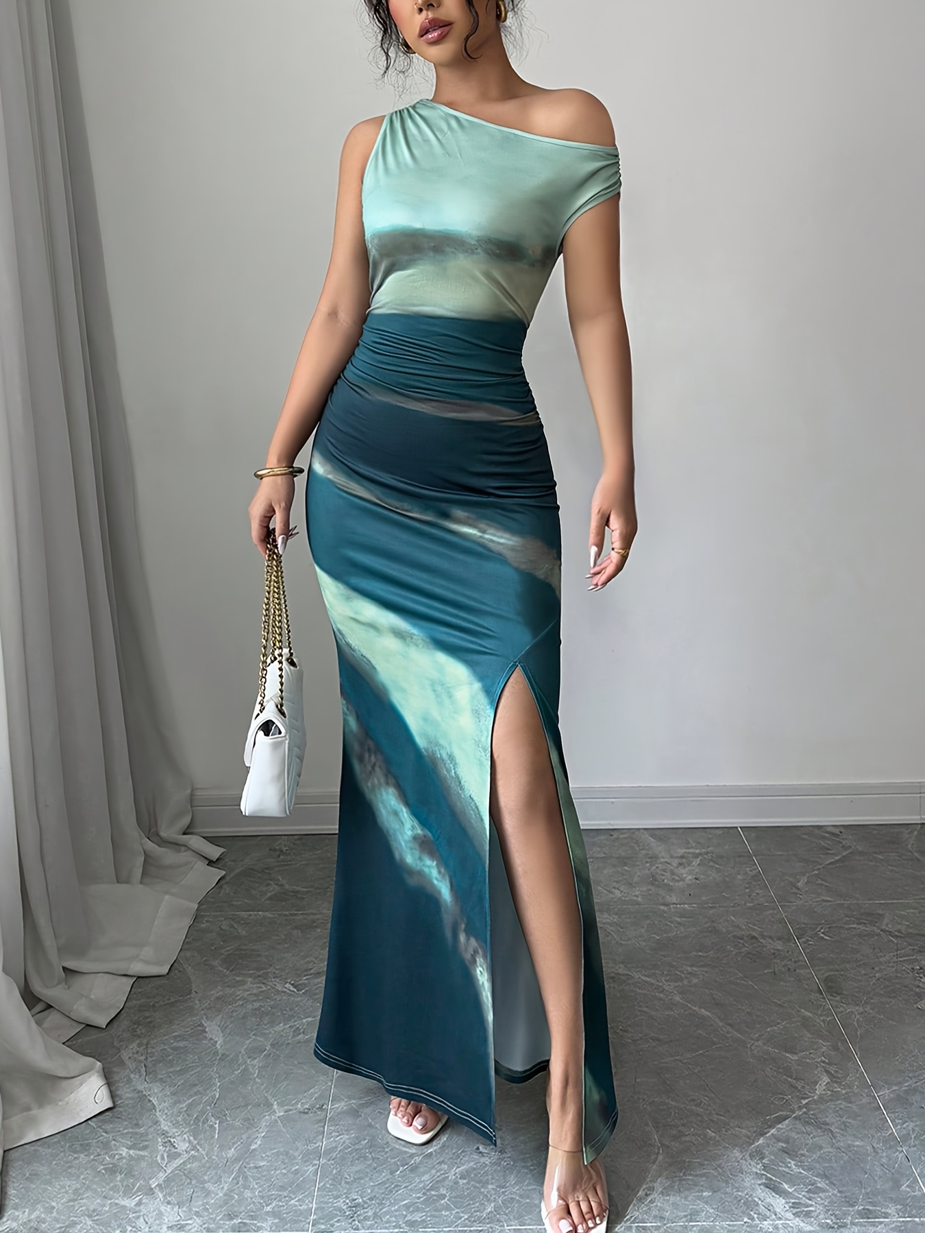 asymmetrical neckline midi dress Donna Asymmetric Neckline Midi Dress Royal Blue – Girl In Mind main image 0
