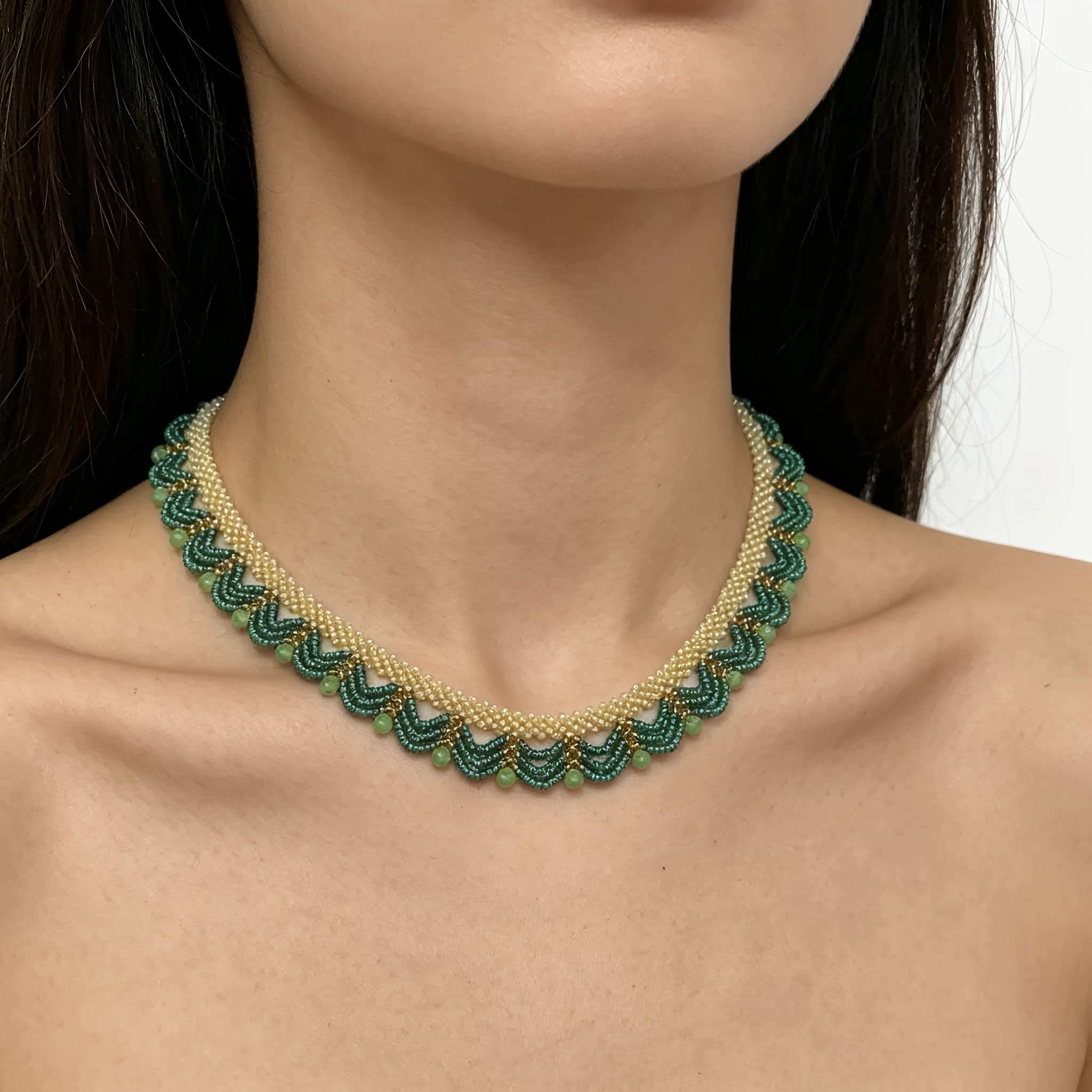 TEMU Bohemian Style Vintage Light Luxury Rice Bead Woven Necklace, Temperament All-match Bead Clavicle Chain, Suitable For Daily Wear Vacation