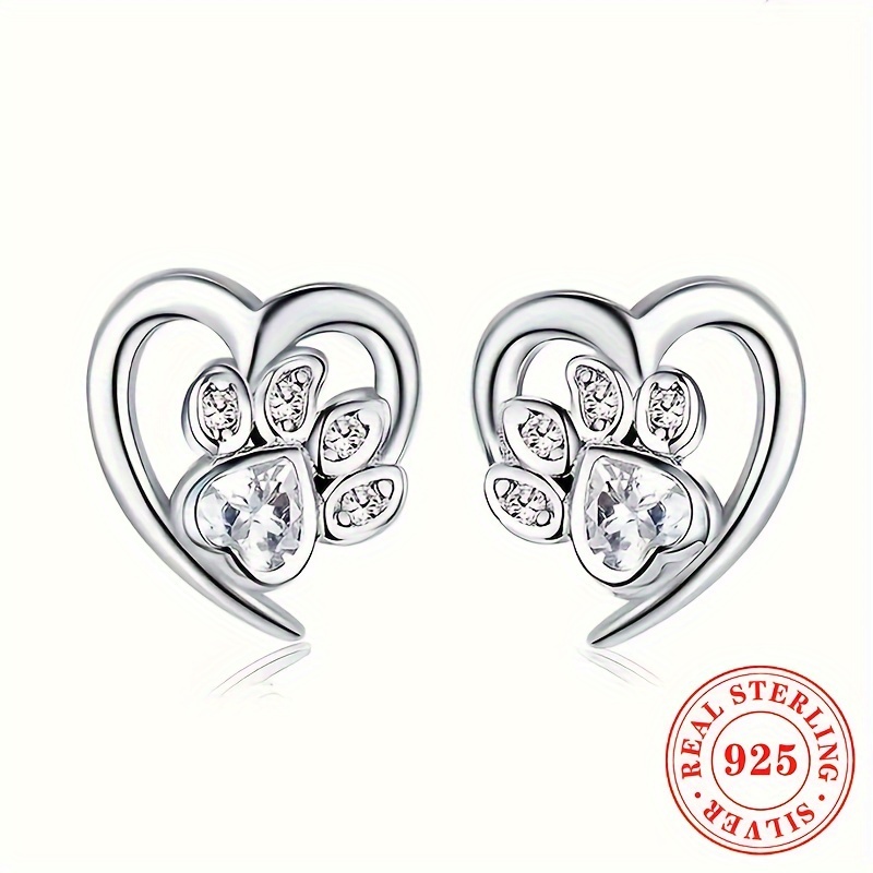 925 Sterling Silvery Synthetic Turquoise Animal Paw Print Heart Stud Earrings For Women, Cute Casual Jewelry